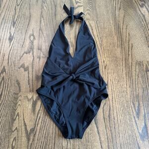 Tory Burch Womens Solid Black One Piece Halter Low Cut Swim Suit Size Small